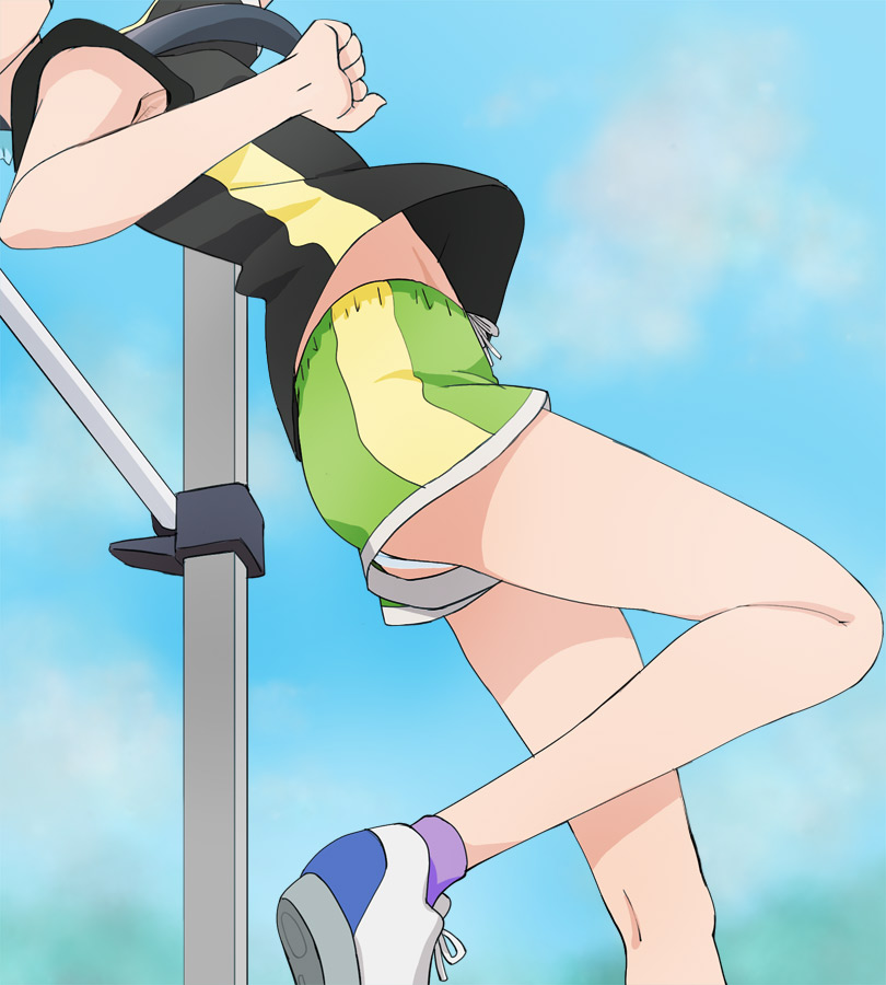 1girl black_hair blue_sky clouds day green_shorts haruyama_kazunori head_out_of_frame healin'_good_precure legs long_hair outdoors precure sawaizumi_chiyu shoes shorts sky solo sportswear