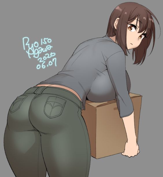 1girl 2020 agawa_ryou ass box breast_press breasts brown_eyes brown_hair cardboard_box commentary dated from_behind green_pants grey_background grey_shirt huge_breasts looking_at_viewer looking_back original pants shirt short_hair signature simple_background solo thighs