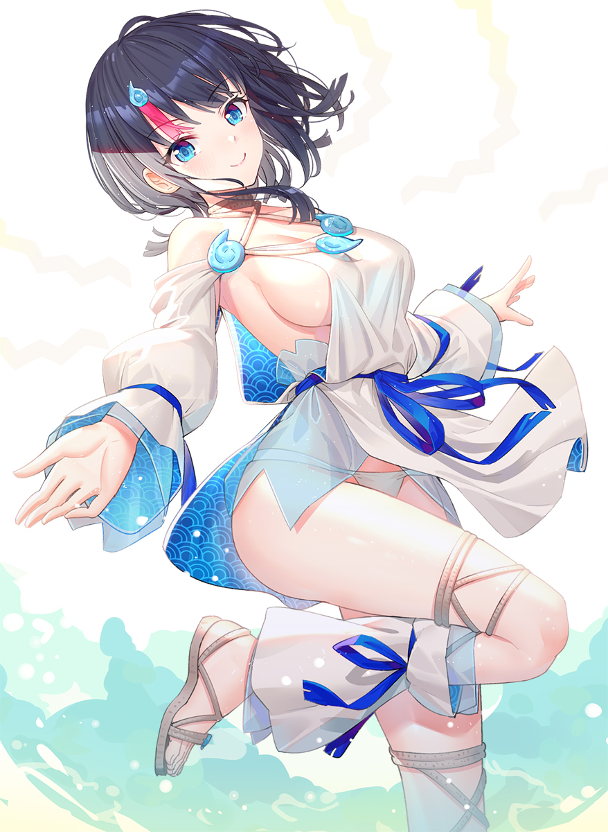 &gt;:) 1girl bangs black_hair blue_eyes blue_ribbon breasts closed_mouth commentary_request detached_sleeves dress eyebrows_visible_through_hair fate/requiem fate_(series) highres long_hair long_sleeves looking_at_viewer magatama_hair_ornament medium_breasts multicolored_hair panties puffy_long_sleeves puffy_sleeves redhead ribbon ririko_(zhuoyandesailaer) see-through seigaiha sideboob sleeves_past_wrists smile solo standing standing_on_one_leg streaked_hair underwear utsumi_erise v-shaped_eyebrows white_dress white_panties white_sleeves wide_sleeves