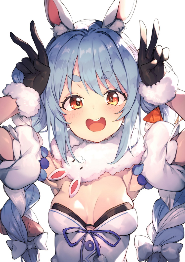 1girl :d animal_ear_fluff animal_ears armpits arms_up black_gloves blue_hair blush braid breasts bunny-shaped_pupils carrot_hair_ornament commentary_typo double_v english_commentary eyebrows_visible_through_hair food_themed_hair_ornament fur-trimmed_gloves fur_scarf fur_trim gloves hair_ornament hololive long_hair looking_at_viewer medium_breasts multicolored_hair open_mouth rabbit_ears redcomet scarf simple_background smile solo thick_eyebrows twin_braids two-tone_hair upper_body upper_teeth usada_pekora v virtual_youtuber white_background white_hair