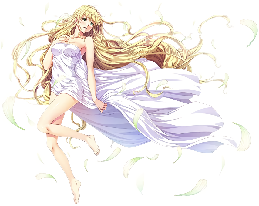 1girl absurdly_long_hair barefoot blonde_hair desire_(c's_ware) floating_hair full_body green_eyes long_hair official_art parted_lips petals simple_background solo tajima_nao tina_(desire) very_long_hair white_background