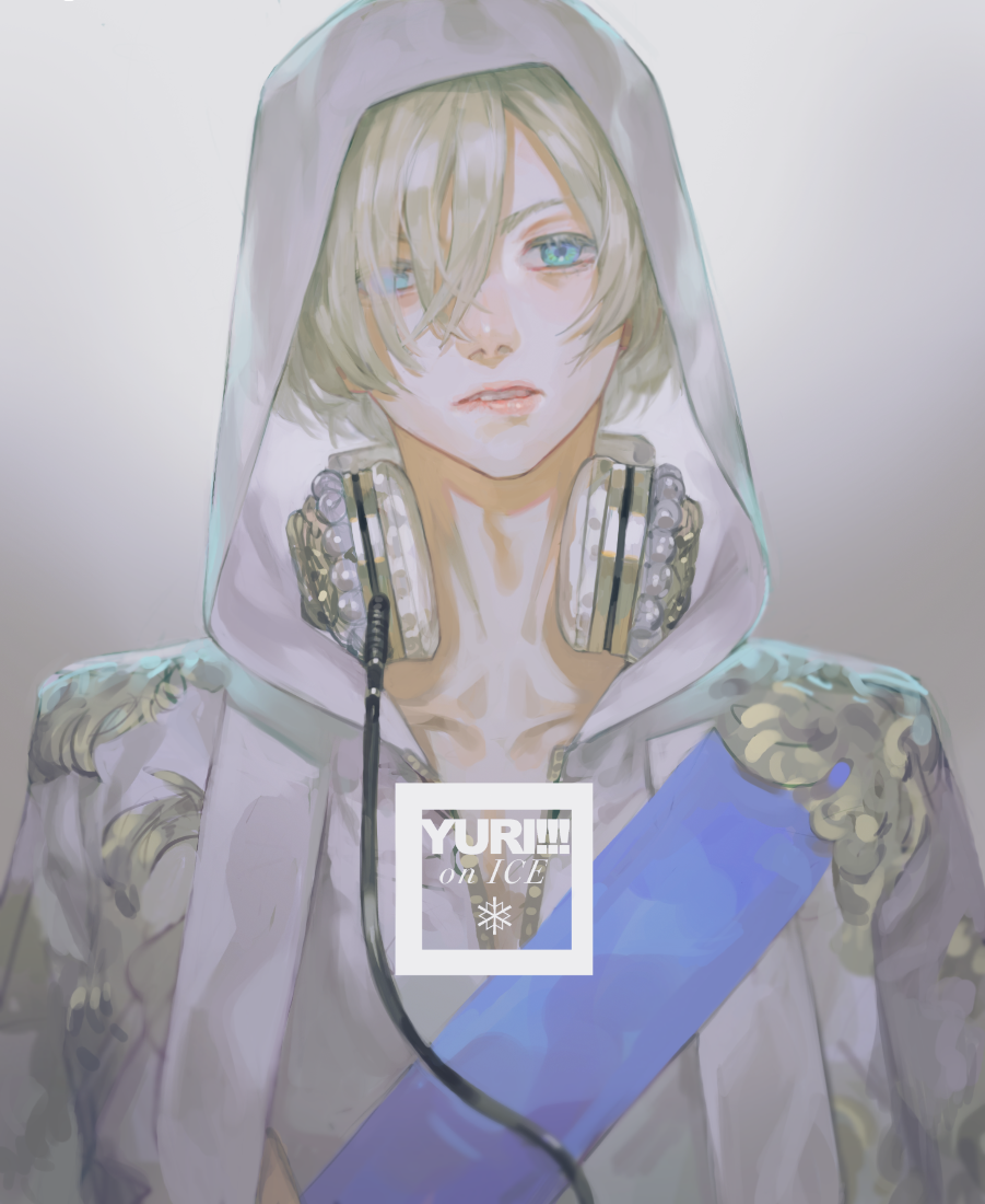 1boy aqua_eyes biting blonde_hair copyright_name hair_over_one_eye headphones headphones_around_neck hood hood_up lip_biting lips male_focus nishihara_isao pale_skin short_hair solo teeth yuri!!!_on_ice yuri_plisetsky