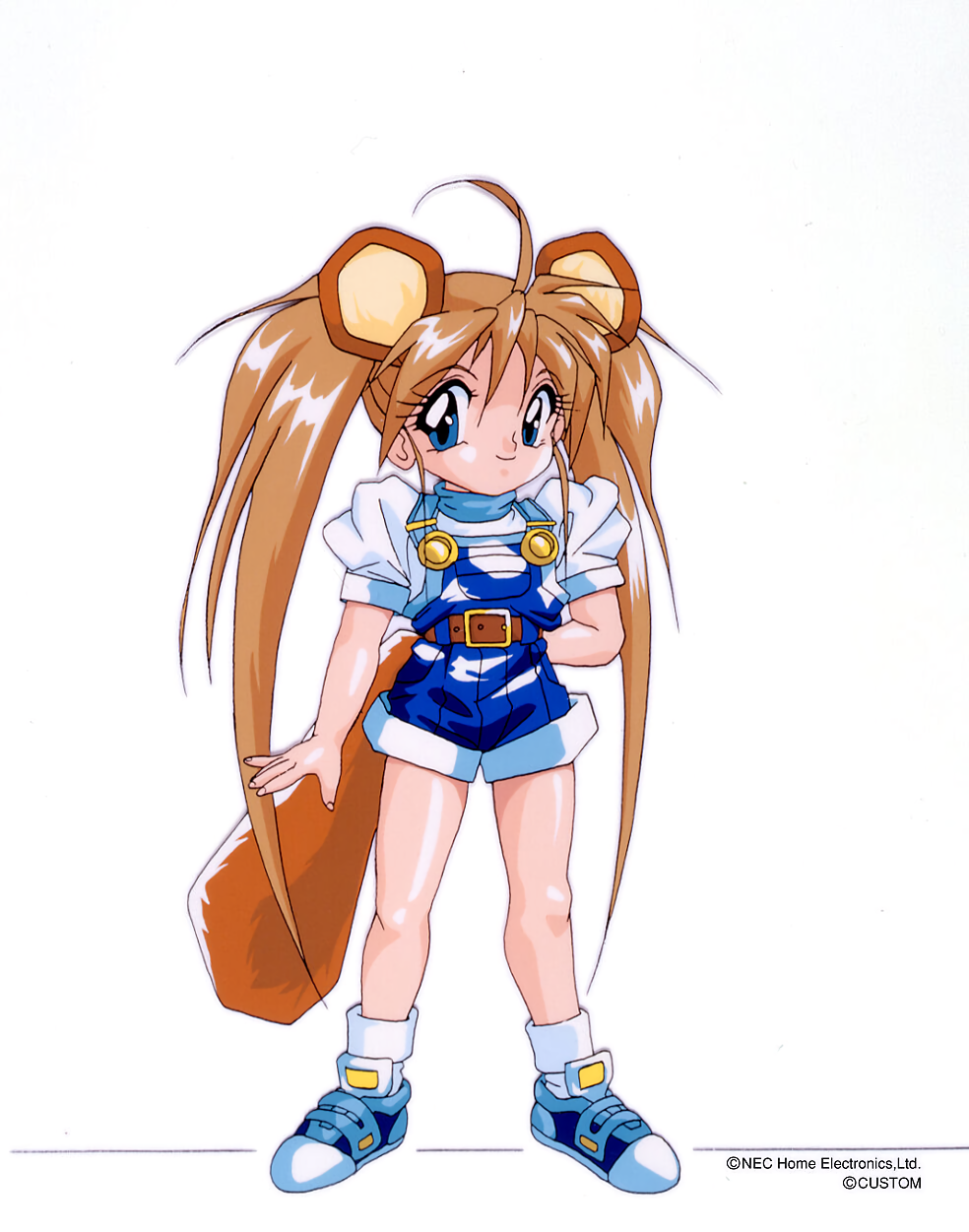 1990s_(style) 1girl animal_ears arms_behind_back blue_eyes chap_(chip-chan_kick!) chip-chan_kick! copyright copyright_name highres hirohiko_yanagi light_brown_hair long_hair looking_at_viewer official_art puffy_sleeves shoes short_sleeves shorts simple_background smile sneakers solo standing suspender_shorts suspenders tail twintails very_long_hair white_background