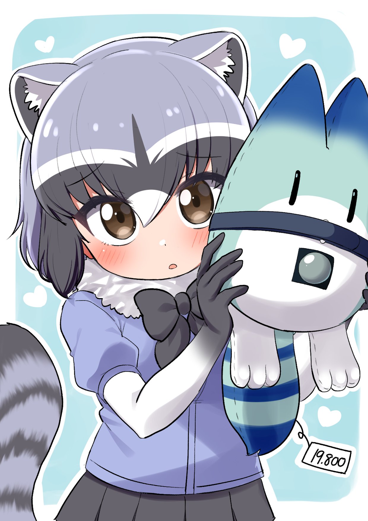 1girl animal_ears black_neckwear black_skirt blue_hair blue_swimsuit blush bow bowtie brown_eyes character_doll commentary_request common_raccoon_(kemono_friends) cowboy_shot elbow_gloves extra_ears eyebrows_visible_through_hair fur_collar gloves grey_hair highres kemono_friends looking_at_viewer lucky_beast_(kemono_friends) multicolored_hair ngetyan pleated_skirt price_tag puffy_short_sleeves puffy_sleeves raccoon_ears raccoon_girl raccoon_tail short_hair short_sleeves skirt solo stuffed_toy swimsuit tail white_hair