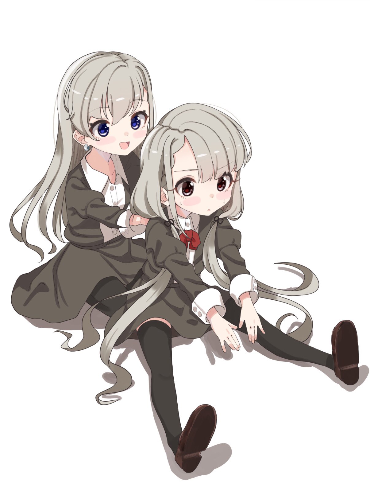 2girls :d :o bangs black_jacket black_legwear black_ribbon black_skirt blue_eyes blush_stickers braid brown_eyes brown_footwear collared_shirt commentary_request earrings eyebrows_visible_through_hair grey_hair hair_between_eyes hair_ribbon highres hisakawa_hayate hisakawa_nagi idolmaster idolmaster_cinderella_girls idolmaster_cinderella_girls_starlight_stage jacket jewelry juliet_sleeves loafers long_hair long_sleeves low_twintails multiple_girls open_mouth outstretched_arms parted_lips puffy_sleeves ribbon shadow shirt shiwa_(siwaa0419) shoe_soles shoes sitting skirt smile sweat thigh-highs twintails very_long_hair white_background white_shirt