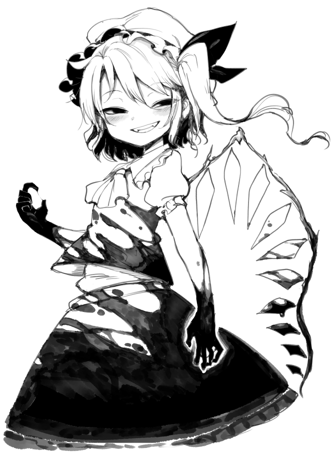 1girl arm_at_side bangs bare_arms blood bloody_clothes bloody_hands bloody_wings blush claw_pose commentary_request cowboy_shot cravat dripping flandre_scarlet floating_hair frilled_sleeves frills greyscale grin hair_between_eyes hair_ribbon half-closed_eyes harusame_(unmei_no_ikasumi) hat long_hair looking_at_viewer mob_cap monochrome one_side_up ribbon short_hair_with_long_locks short_sleeves simple_background skirt skirt_set smile solo touhou wings