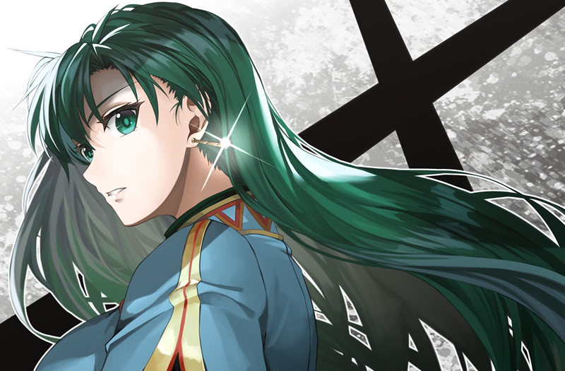 1girl alternate_hairstyle blue_dress clenched_teeth commentary delsaber dress earrings fire_emblem fire_emblem:_rekka_no_ken fire_emblem:_the_blazing_blade fire_emblem_7 fire_emblem_blazing_sword floating_hair glint green_eyes green_hair hair_down intelligent_systems jewelry long_hair looking_at_viewer looking_back lyn_(fire_emblem) lyndis_(fire_emblem) nintendo parted_lips patterned_background solo teeth upper_body