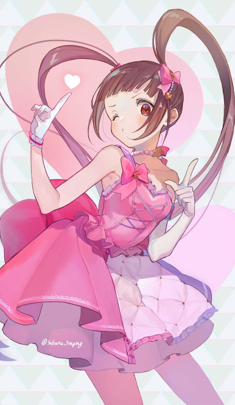 1girl bangs bare_legs bare_shoulders blunt_bangs bow collarbone cross-laced_top dress elbow_gloves fujio_(sakana_3mgmg) gloves hair_bow hair_ornament heart heart_hair_ornament highres idolmaster idolmaster_million_live! jewelry jpeg_artifacts long_hair matsuda_arisa necklace patterned_background pearl_necklace pink_dress red_eyes single_elbow_glove single_glove solo twintails twitter_username very_long_hair