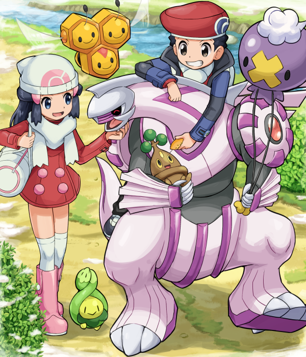 1boy 1girl alternate_size beanie black_hair blue_eyes bonsly boots budew buttons combee day dress drifloon gen_4_pokemon hat hikari_(pokemon) holding kouki_(pokemon) legendary_pokemon long_hair long_sleeves open_mouth outdoors palkia pink_footwear pokemoa pokemon pokemon_(creature) pokemon_(game) pokemon_dppt red_dress scarf scratching_chin smile stream teeth tongue walking water white_headwear white_legwear white_scarf winter_clothes