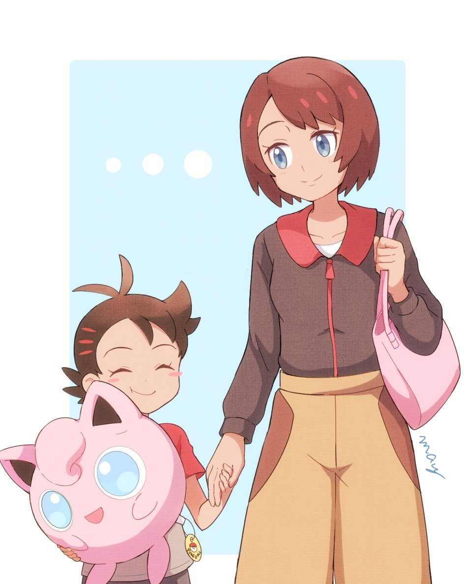 1boy 1girl bag black_sweater blue_background blue_eyes blush blush_stickers border breasts brown_hair brown_pants character_doll closed_eyes commentary_request dark_skin dark_skinned_male doll gen_1_pokemon gou_(pokemon) holding holding_doll holding_hands jigglypuff kurune_(pokemon) mei_(maysroom) mother_and_son pants pink_bag pokemon pokemon_(anime) pokemon_swsh_(anime) red_shirt shirt shoulder_bag signature small_breasts smile stuffed_toy sweater white_border younger