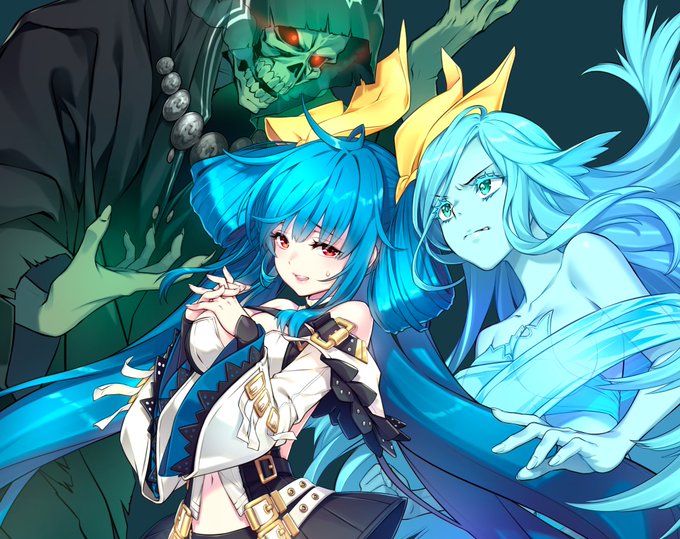 1boy 2girls asymmetrical_wings bangs belt blue_hair blue_skin breasts choker detached_sleeves dizzy_(guilty_gear) epic7 fingernails green_eyes guilty_gear guilty_gear_xrd hair_between_eyes hair_ribbon hair_rings large_breasts midriff monster_girl multiple_girls navel necro_(guilty_gear) official_art parted_lips red_eyes ribbon sharp_fingernails shirahane_nao sweatdrop twintails undine_(guilty_gear) wings worried yellow_ribbon