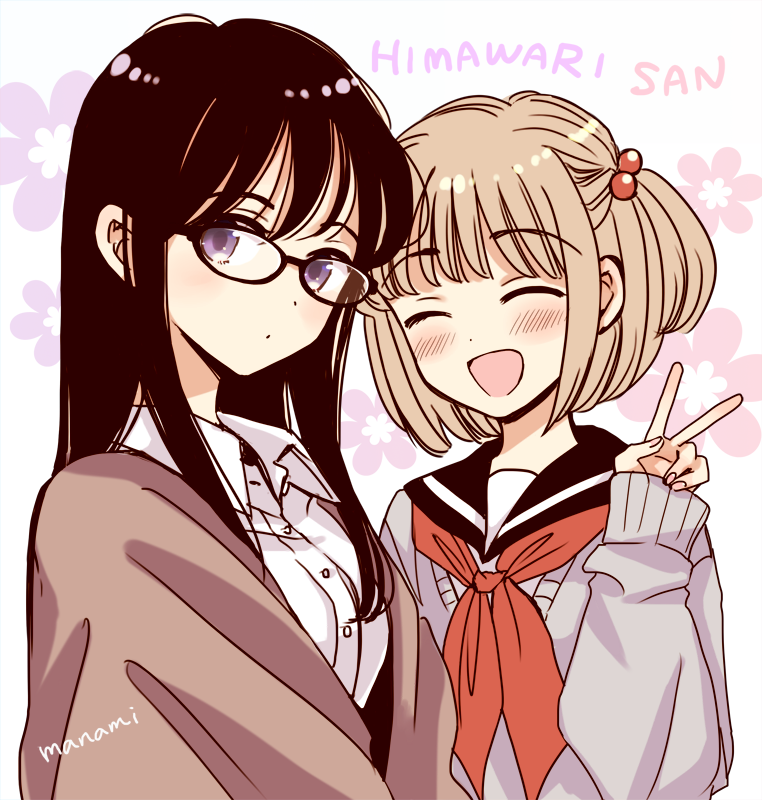 2girls black-framed_eyewear black_hair blush breasts brown_jacket character_name closed_eyes collared_shirt commentary_request copyright_name dot_nose dress_shirt expressionless eyebrows_visible_through_hair floral_background glasses grey_sweater hair_between_eyes hair_bobbles hair_ornament himawari-san himawari-san_(character) jacket kazamatsuri_matsuri light_brown_hair looking_at_viewer medium_breasts multiple_girls red_neckwear school_uniform shirt short_hair signature sugano_manami sweater v violet_eyes white_background white_shirt |d