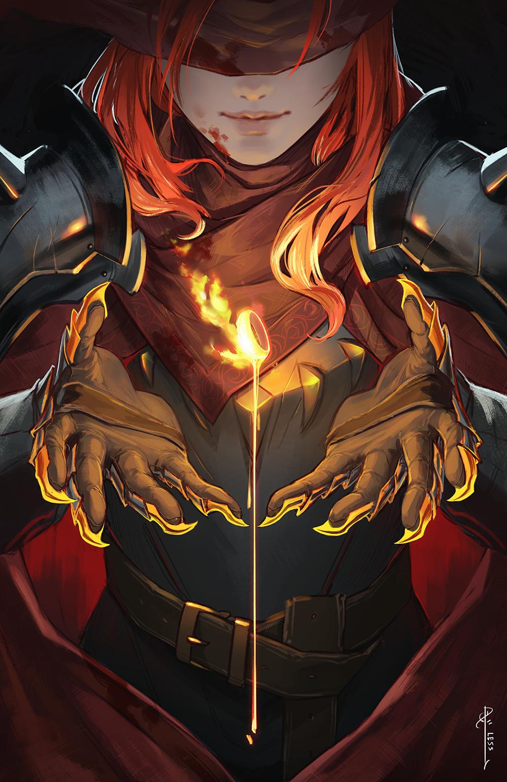 1girl armor belt belt_buckle black_background blindfold blood blood_on_face breastplate buckle character_request facing_viewer fire gauntlets highres jewelry less magic:_the_gathering medium_hair melting orange_hair pauldrons plate_armor ring shoulder_armor smile solo