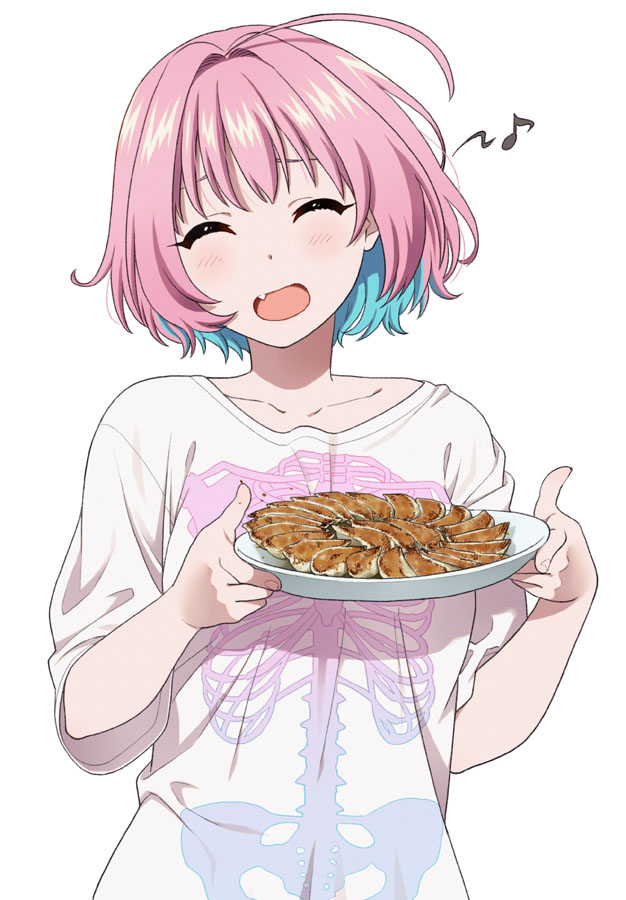 1girl :d ^_^ ahoge bangs blue_hair closed_eyes collarbone dumpling eighth_note eyebrows_behind_hair facing_viewer fang food hair_intakes hands_up holding holding_plate idolmaster idolmaster_cinderella_girls jiaozi mattaku_mousuke multicolored_hair musical_note open_mouth pink_hair plate print_shirt shirt short_sleeves simple_background skeleton_print smile solo two-tone_hair upper_body white_background white_shirt yumemi_riamu