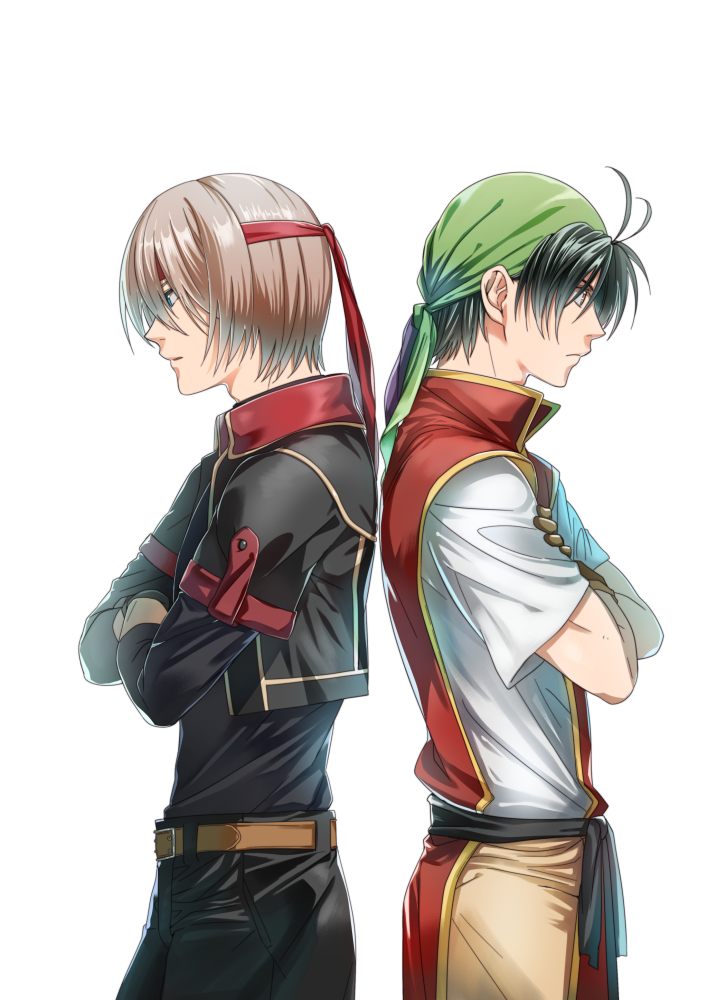 2boys antenna_hair back-to-back bandana bangs belt black_hair black_jacket black_pants black_shirt brown_hair brown_pants closed_mouth cropped_jacket crossed_arms crossover frown gensou_suikoden gensou_suikoden_i gensou_suikoden_iv headband jacket lazlo light_brown_hair long_sleeves looking_away looking_down male_focus miyamayomema multiple_boys pants sash shirt short_over_long_sleeves short_sleeves simple_background tabard tir_mcdohl white_background white_shirt