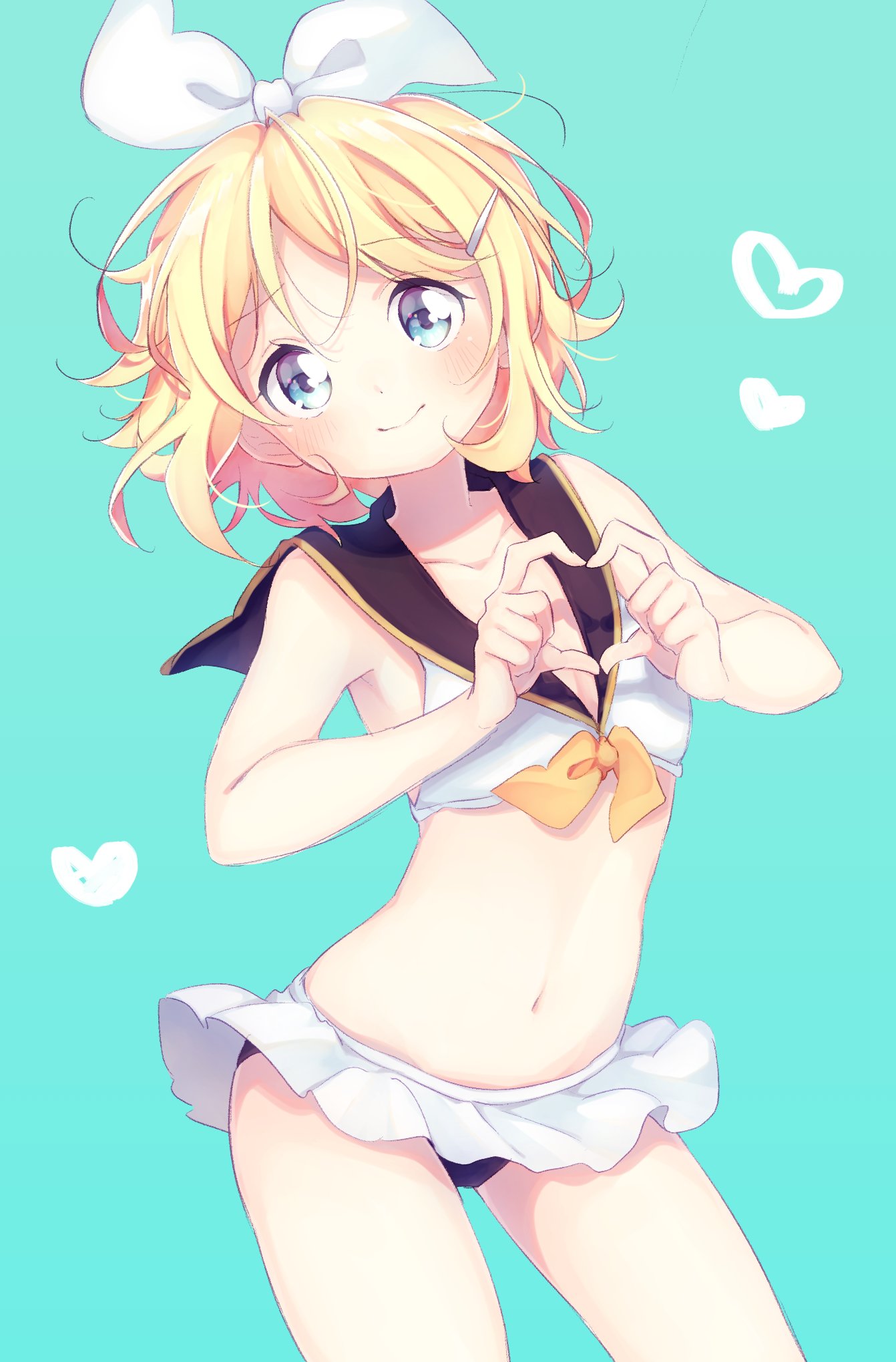 1girl adapted_costume aizaki_(aizkaizk) aqua_background bare_arms bikini bikini_skirt black_sailor_collar blonde_hair blue_eyes blush bow closed_mouth collarbone commentary cowboy_shot eyebrows_visible_through_hair flat_chest hair_bow hair_ornament hairclip heart heart_hands highres kagamine_rin looking_at_viewer messy_hair navel sailor_bikini sailor_collar short_hair smile solo swimsuit vocaloid white_bow