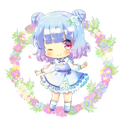 1girl ;) blue_dress blue_flower blue_footwear blue_hair blush chibi closed_mouth commission double_bun dress floral_background flower frilled_dress frills full_body gradient_hair hair_flower hair_ornament kouu_hiyoyo long_sleeves looking_at_viewer lowres multicolored_hair one_eye_closed original pink_flower puffy_long_sleeves puffy_sleeves purple_hair red_eyes smile socks solo standing white_background white_flower white_legwear yellow_flower