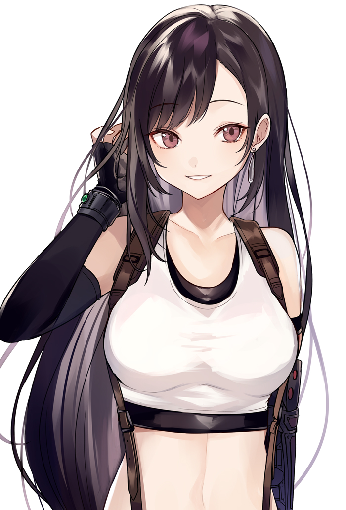 1girl bare_shoulders black_gloves black_hair breasts brown_eyes collarbone crop_top earrings elbow_gloves final_fantasy final_fantasy_vii fingerless_gloves gloves grin hand_up jewelry large_breasts long_hair looking_at_viewer midriff navel shirt shugao simple_background sleeveless sleeveless_shirt smile solo stomach suspenders tank_top taut_clothes taut_shirt tifa_lockhart upper_body white_background white_shirt