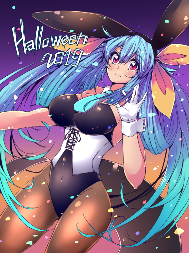 animal_ears blue_hair blush bow bowtie breasts bunny_girl bunnysuit dizzy_(guilty_gear) english_text gloves guilty_gear guilty_gear_xrd hair_between_eyes hair_ribbon halloween halloween_costume iguana_henshuu-chou large_breasts long_hair navel rabbit_ears red_eyes ribbon tail thigh-highs twintails yellow_ribbon