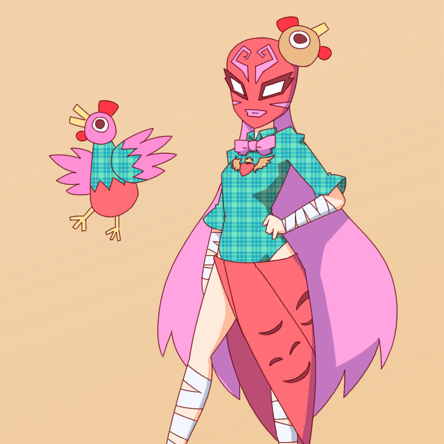 bandages bird chicken guacamelee! hata_no_kokoro heart kakinoki_mikan_(kari) leotard long_hair mask neck_ribbon pink_hair ribbon sarong simple_background tostada touhou wrestling_mask