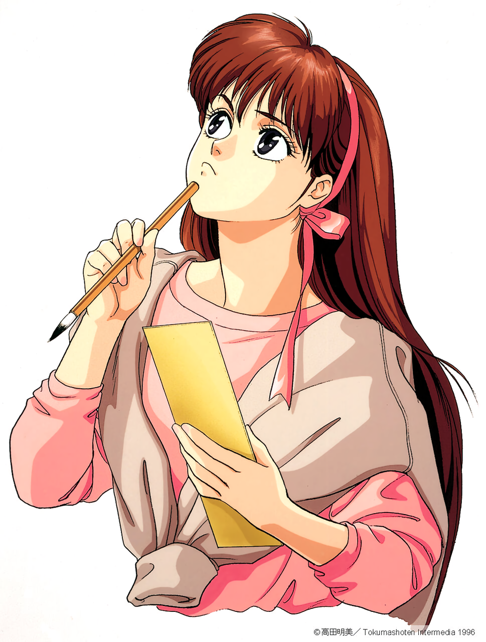 1990s_(style) 1996 1girl black_eyes copyright dated hair_ribbon highres holding holding_paintbrush long_hair looking_up paintbrush pc_engine_fan redhead ribbon simple_background solo sweater sweater_around_neck takada_akemi white_background