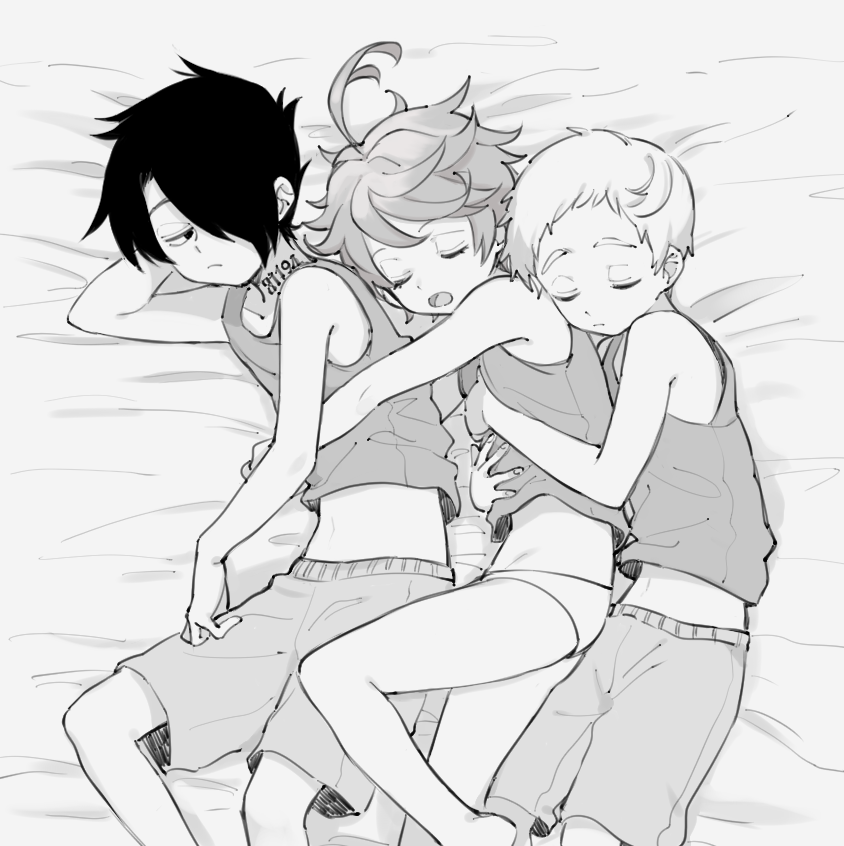 1girl 2boys ahoge bed bed_sheet black_hair closed_eyes closed_mouth commentary_request daidaiika emma_(yakusoku_no_neverland) from_above from_side hair_over_one_eye hug hug_from_behind looking_at_another lying monochrome multiple_boys neck_tattoo norman_(yakusoku_no_neverland) number_tattoo open_mouth panties ray_(yakusoku_no_neverland) shirt short_hair shorts sleeping sleeveless sleeveless_shirt stomach tattoo thick_eyebrows underwear white_hair white_panties yakusoku_no_neverland