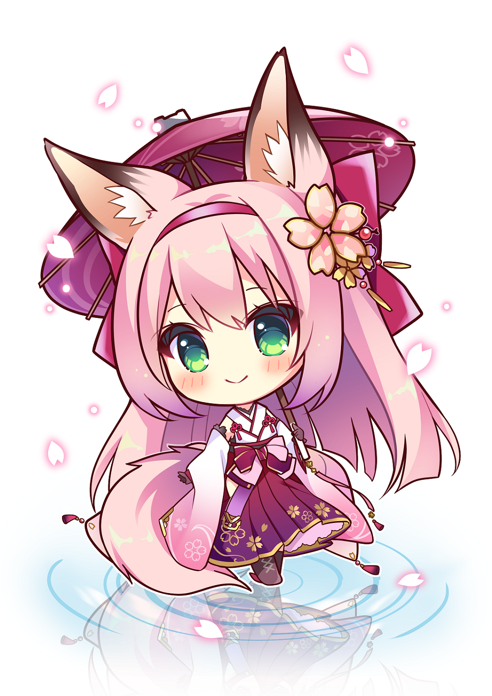 1girl animal_ear_fluff animal_ears azur_lane bangs black_gloves blush boots bow brown_footwear chibi closed_mouth commentary_request cross-laced_footwear detached_sleeves eyebrows_visible_through_hair fox_ears fox_girl fox_tail full_body gloves green_eyes hair_between_eyes hair_bow hairband hakama hanazuki_(azur_lane) highres holding holding_umbrella japanese_clothes kimono lace-up_boots long_hair long_sleeves oriental_umbrella petals pink_hair puddle red_bow red_hairband red_hakama red_umbrella reflection ripples ryuuka_sane sleeveless sleeveless_kimono sleeves_past_wrists smile solo standing tail umbrella very_long_hair white_kimono white_sleeves