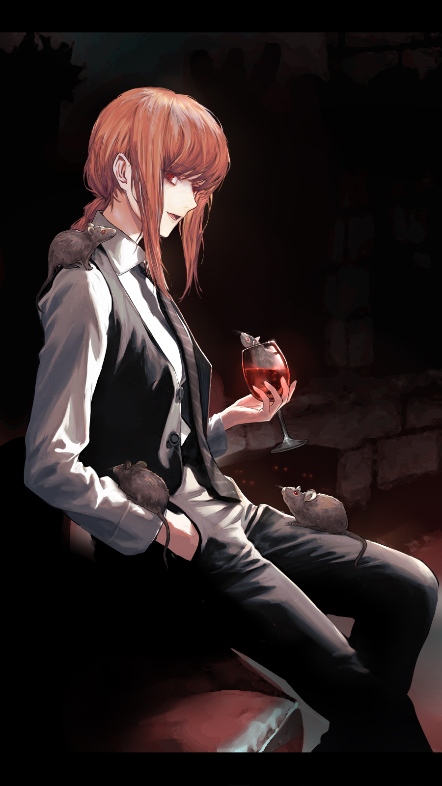 1girl alcohol breasts brown_hair business_suit chainsaw_man cup czcz12321 drink drinking_glass eyebrows_visible_through_hair formal hair_between_eyes hand_in_pocket highres light_smile long_hair looking_at_viewer looking_to_the_side makima_(chainsaw_man) medium_breasts mouse mouse_tail necktie rat red_eyes ringed_eyes sitting smile suit tail tomboy wine wine_glass