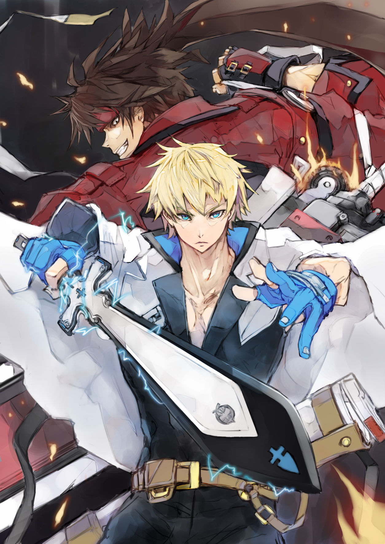 back-to-back bana_(stand_flower) blonde_hair blue_eyes brown_hair fingerless_gloves fire gloves guilty_gear guilty_gear_strive headband highres jacket ky_kiske lightning muscle ponytail rivalry short_hair simple_background sol_badguy sword weapon