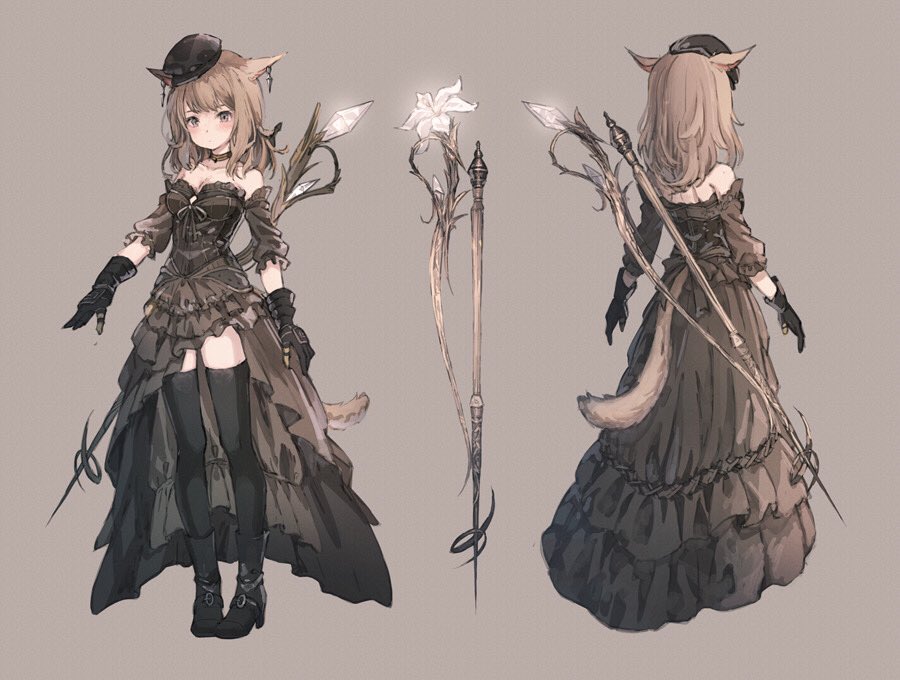 1girl animal_ears black_dress black_footwear black_gloves black_headwear black_legwear blush brown_background brown_eyes brown_hair cat_ears cat_tail closed_mouth collarbone detached_sleeves dress earrings final_fantasy final_fantasy_xiv flower frills gem gloves glowing glowing_flower hat jewelry miqo'te original oro_ponzu simple_background solo staff tail thigh-highs weapon white_flower
