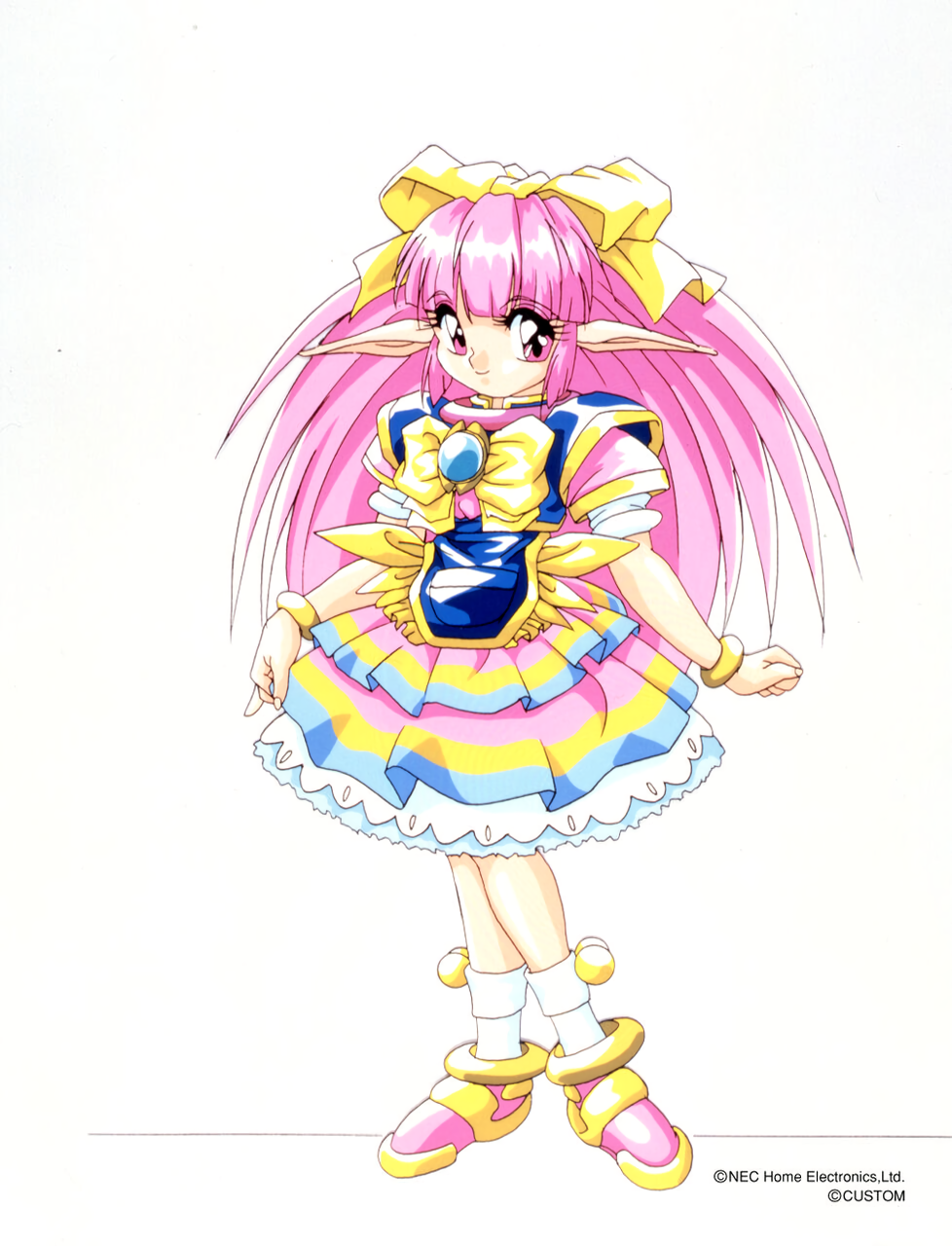 1990s_(style) 1girl bow braid brooch chip-chan_kick! copyright copyright_name eyebrows_visible_through_hair full_body green_eyes hair_bow highres jewelry long_hair official_art pink_eyes pink_hair pointy_ears short_sleeves simple_background smile solo standing white_background yanagi_hirohiko