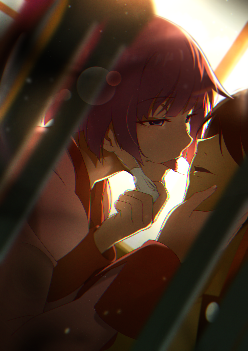 1boy 1girl after_kiss araragi_koyomi backlighting bangs black_hair blue_eyes blurry blurry_foreground chromatic_aberration close-up collared_shirt commentary_request depth_of_field dutch_angle eyebrows_visible_through_hair eyelashes film_grain hair_over_eyes hand_on_another's_face highres lens_flare mask mask_pull monogatari_(series) mouth_mask pink_shirt purple_hair saliva saliva_trail school_uniform senjougahara_hitagi shadow shirt short_hair sidelocks sleeve_cuffs sunlight surgical_mask tongue tongue_out upper_body
