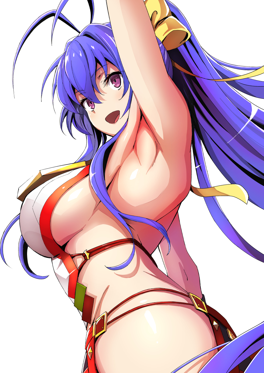 1girl :d antenna_hair arm_up armpits backless_outfit bangs blazblue blazblue:_central_fiction blazblue_variable_heart blue_hair blush bow breasts cowboy_shot from_side hair_between_eyes hair_bow halter_top halterneck highres large_breasts long_hair looking_away looking_to_the_side lowleg lowleg_pants mai_natsume open_mouth pants revealing_clothes sayoi sideboob simple_background smile solo very_long_hair violet_eyes white_background yellow_bow