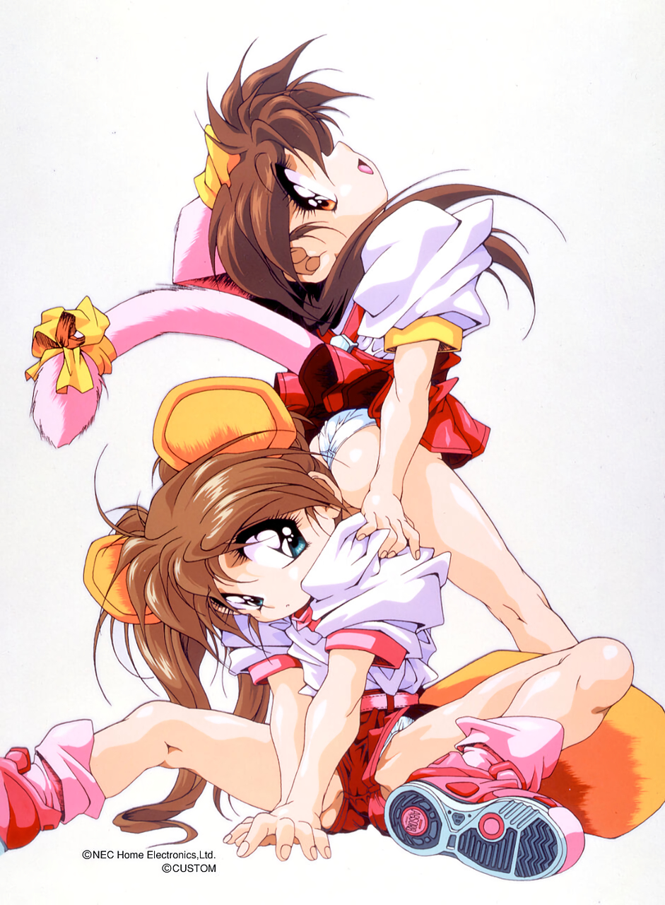 1990s_(style) 2girls animal_ears aqua_eyes ass brown_hair chap_(chip-chan_kick!) chip-chan_kick! chip_(chip-chan_kick!) copyright copyright_name fake_animal_ears highres long_hair looking_at_viewer miniskirt multiple_girls non-web_source official_art panties photoshop_(medium) profile red_eyes ribbon shoes short_shorts short_sleeves shorts simple_background sitting sitting_on_person skirt sneakers tail tail_ribbon underwear v_arms white_background white_panties yanagi_hirohiko