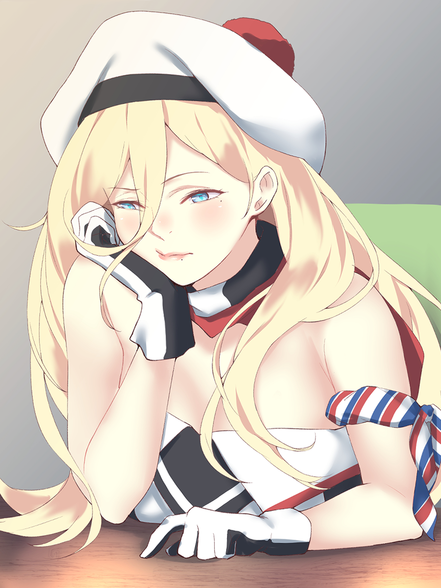 1girl beret blonde_hair blue_eyes commentary_request dress hair_between_eyes hand_on_own_chin hat highres kantai_collection long_hair mole mole_under_eye mole_under_mouth multicolored multicolored_clothes multicolored_dress off-shoulder_dress off_shoulder pom_pom_(clothes) richelieu_(kantai_collection) scarf shingyo sitting solo strapless strapless_dress table two-tone_dress two-tone_gloves upper_body white_headwear