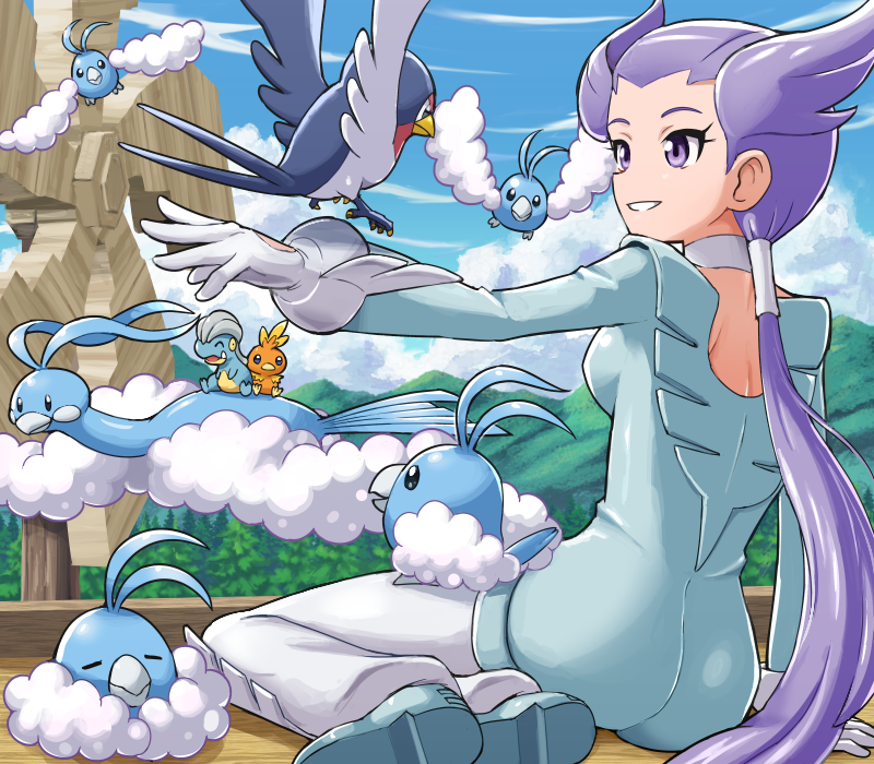 1girl altaria bagon breasts clouds day eyelashes gen_3_pokemon gloves gym_leader hair_tie long_hair looking_at_another nagi_(pokemon) outdoors parted_lips pokemoa pokemon pokemon_(creature) pokemon_(game) pokemon_rse ponytail purple_hair shoulder_blades sitting sky smile starter_pokemon swablu taillow teeth tied_hair torchic tree very_long_hair violet_eyes white_gloves