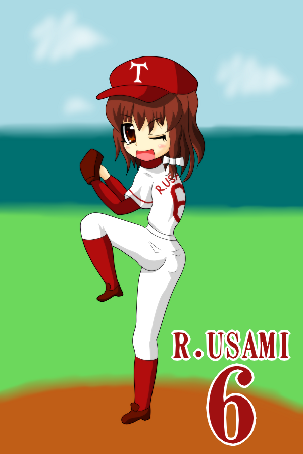 alternate_costume baseball baseball_cap baseball_mitt baseball_stadium baseball_uniform cap grass hat maribel_hearn pitcher ready_to_launch sportswear touhou uniform usami_renko