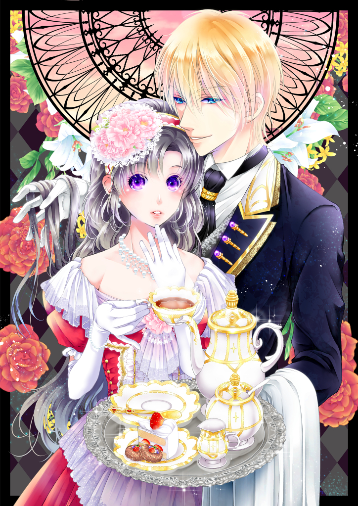 1boy 1girl argyle argyle_background black_hair black_neckwear blonde_hair blue_eyes cake cookie cup dress fantasy flower food gloves hair_flower hair_ornament hand_in_another's_hair hand_up holding holding_cup jewelry long_hair long_sleeves necklace plate slice_of_cake standing teacup teapot teaspoon tenma_ako tray violet_eyes white_gloves