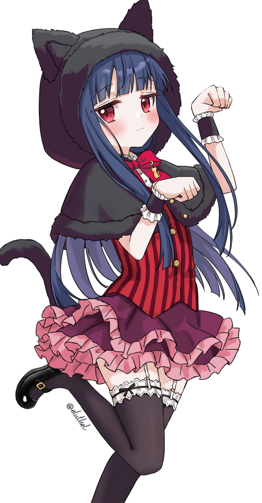 1girl blue_hair blush capelet cat_day eluthel frilled_skirt frilled_thighhighs frills highres hood hooded_capelet idolmaster idolmaster_cinderella_girls long_hair mary_janes paw_pose red_eyes sajo_yukimi shoes simple_background skirt smile solo standing standing_on_one_leg thigh-highs white_background wrist_cuffs zettai_ryouiki