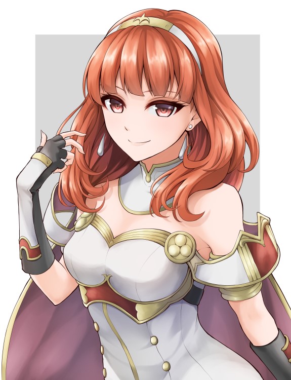 1girl arm_guards black_gloves breasts celica_(fire_emblem) closed_mouth commentary cowboy_shot cute detached_collar double-breasted dress earrings eyelashes fingerless_gloves fire_emblem fire_emblem_15 fire_emblem_2 fire_emblem_echoes:_mou_hitori_no_eiyuuou fire_emblem_echoes:_shadows_of_valentia fire_emblem_gaiden gloves grey_background hairband hand_in_hair intelligent_systems jewelry lips long_hair looking_at_viewer medium_breasts nintendo off-shoulder_dress off_shoulder orange_eyes orange_hair simple_background smile solo tenchan_man white_background white_dress