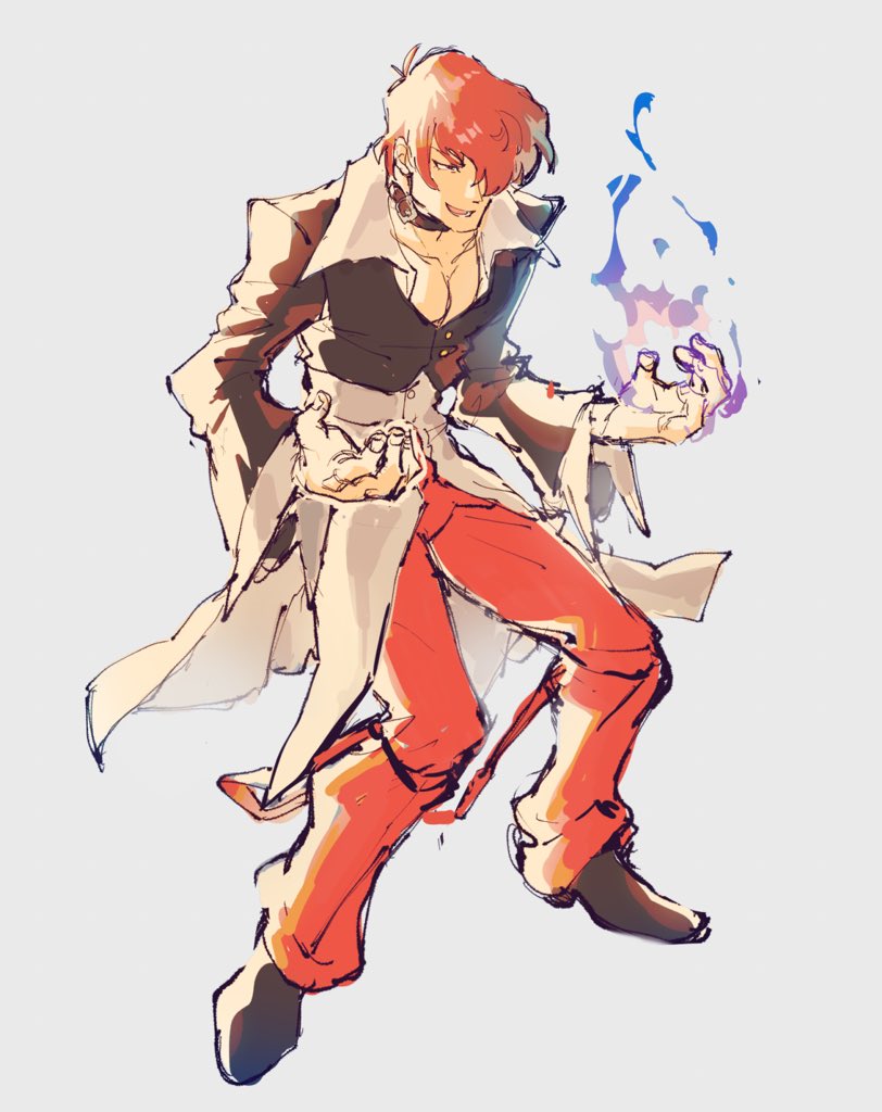 1boy akiyoku collar fire jacket pants purple_fire pyrokinesis red_pants redhead simple_background solo tagme the_king_of_fighters yagami_iori