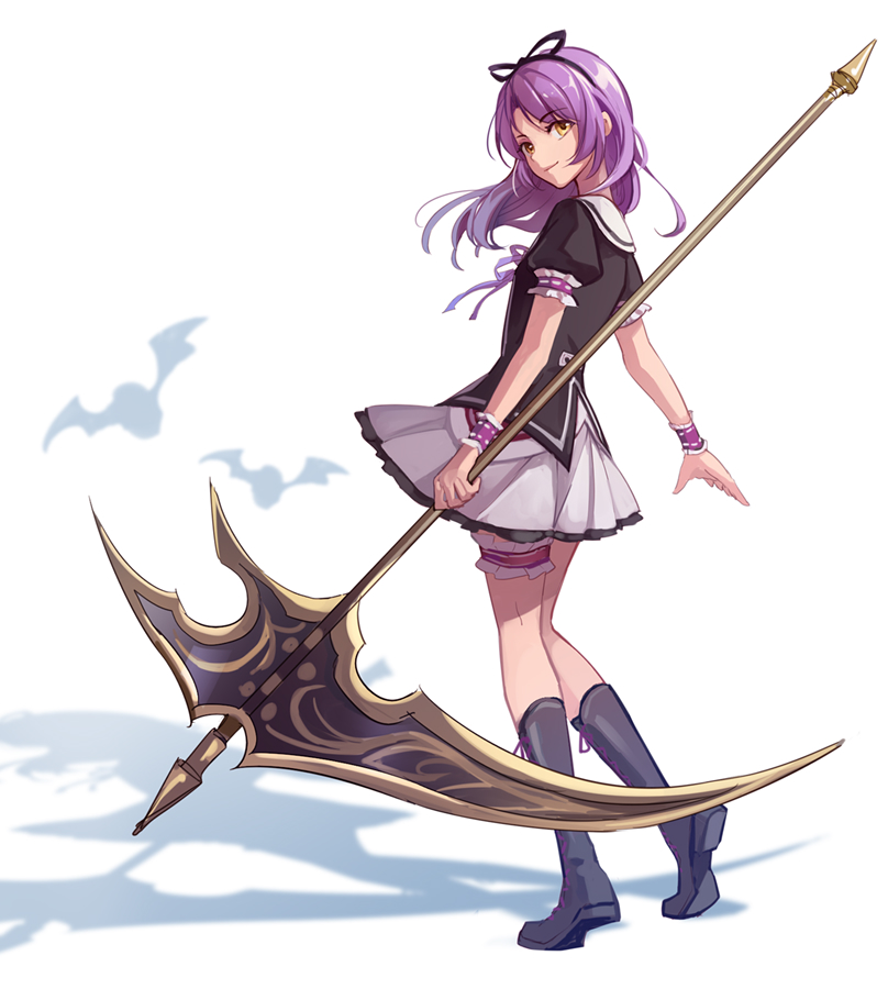 1girl bangs bat black_footwear black_shirt boots breasts chinese_commentary closed_mouth commentary cross-laced_footwear eiyuu_densetsu eyebrows_visible_through_hair feng_you full_body hair_ribbon hairband holding holding_scythe knee_boots kneepits long_hair looking_at_viewer miniskirt neck_ribbon parted_bangs pleated_skirt purple_hair purple_ribbon renne ribbon sailor_collar school_uniform scythe sen_no_kiseki_4 shadow shirt simple_background skirt small_breasts smile solo sora_no_kiseki standing thigh_strap thighs white_background white_skirt wrist_cuffs yellow_eyes