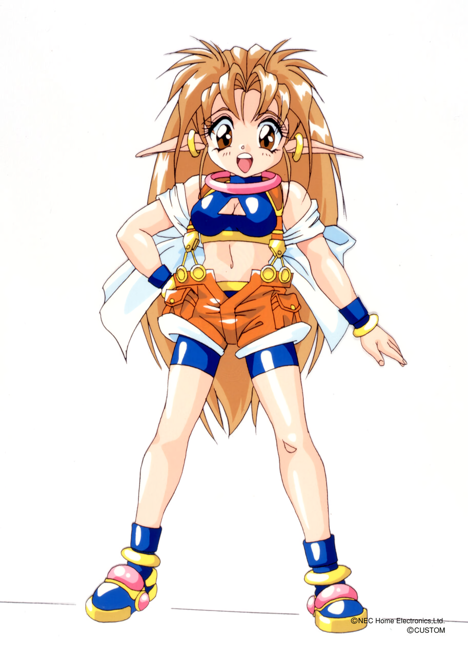 1990s_(style) 1girl bike_shorts brown_eyes chip-chan_kick! cleavage_cutout copyright copyright_name full_body highres light_brown_hair long_hair looking_at_viewer navel official_art open_mouth pointy_ears simple_background solo standing suspenders very_long_hair white_background yanagi_hirohiko