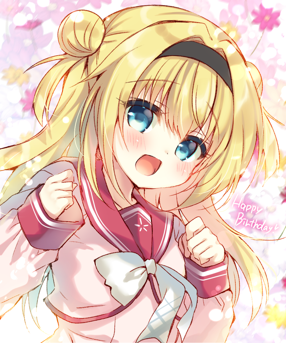 1girl blonde_hair blue_eyes blurry blurry_background blush bow chitose_sana clenched_hands commentary_request double_bun eyebrows_visible_through_hair floral_background hair_between_eyes hair_intakes hairband happy_birthday highres light_particles long_hair long_sleeves looking_at_viewer open_mouth pink_serafuku solo suzunone_rena tenshinranman upper_body white_bow yuzu-soft