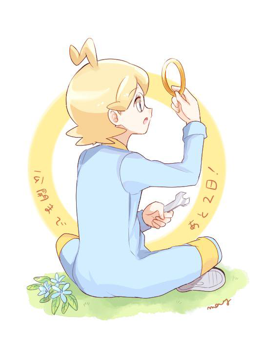 1boy ahoge blonde_hair blue_flower blue_jumpsuit citron_(pokemon) flower glasses holding holding_ring holding_wrench jewelry jumpsuit looking_at_object male_focus mei_(maysroom) open_mouth plant pokemon pokemon_(game) pokemon_xy ring sitting sitting_on_ground solo tagme translation_request wrench