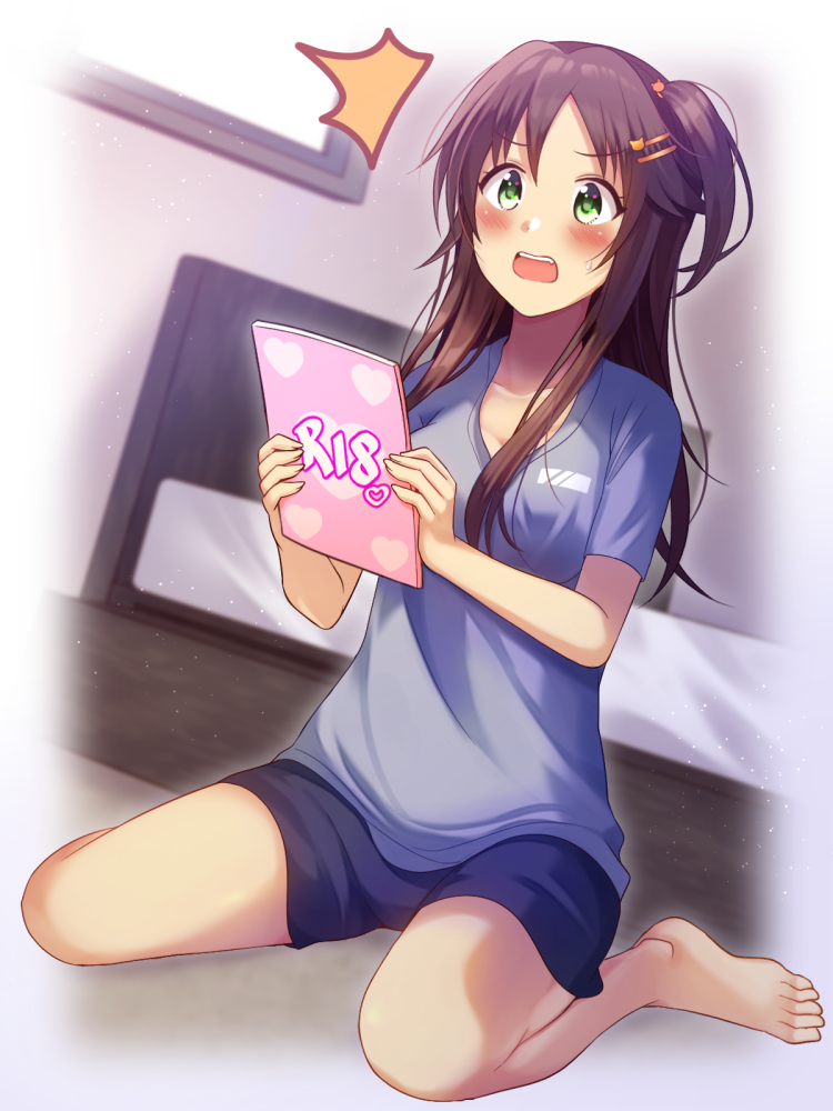 1girl bangs barefoot bed blue_shorts blush breasts brown_hair collarbone commentary_request eyebrows_visible_through_hair green_eyes hair_ornament hairclip himekawa_yuki holding idolmaster idolmaster_cinderella_girls indoors long_hair looking_at_viewer medium_breasts number one_side_up open_mouth purple_shirt shirt short_shorts shorts smile solo upper_teeth window z.nov
