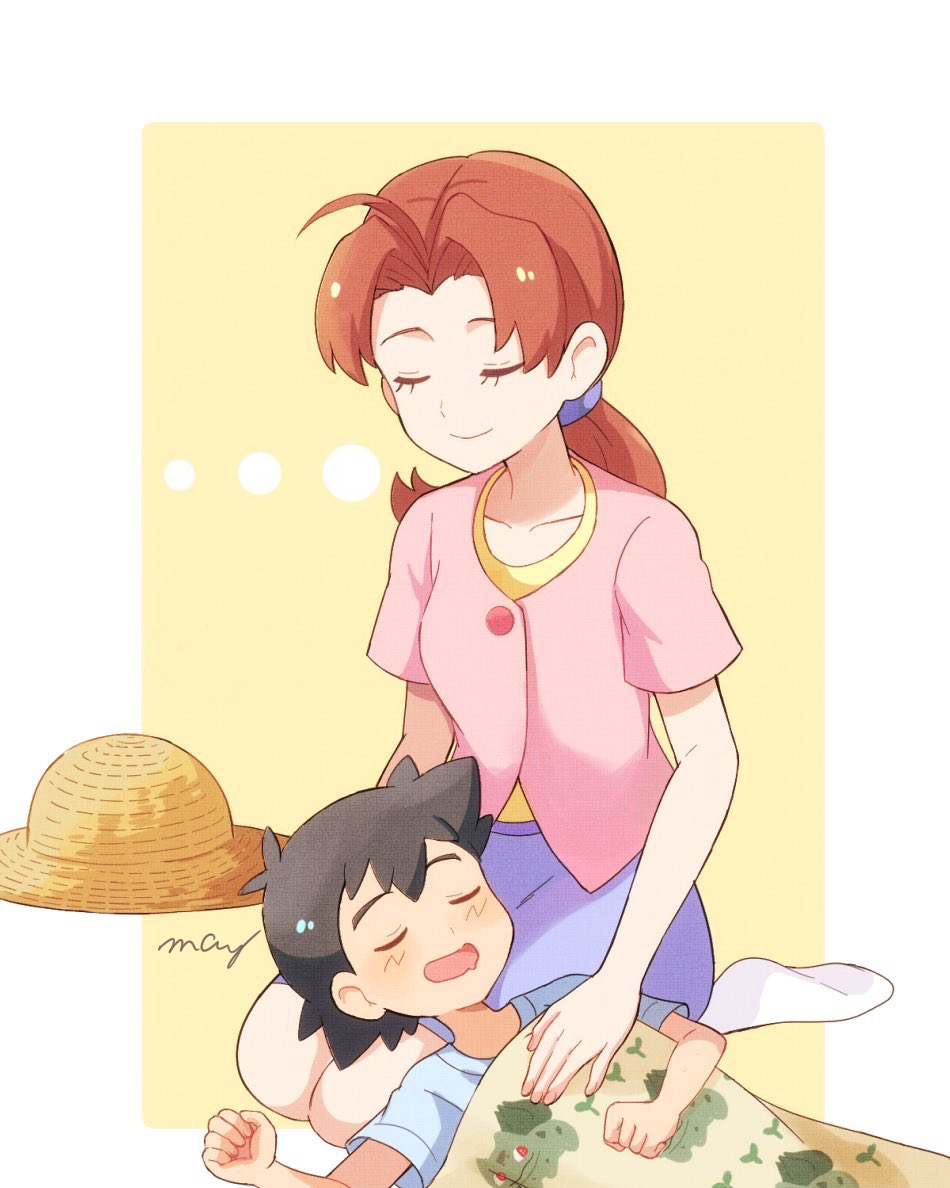 1boy 1girl black_hair blanket blue_shirt blush border brown_hair bulbasaur character_print closed_eyes commentary_request gen_1_pokemon hanako_(pokemon) hat jacket kneeling lap_pillow long_hair mei_(maysroom) mother_and_son mouth_drool no_shoes open_mouth pink_jacket pokemon pokemon_(anime) ponytail purple_skirt satoshi_(pokemon) shirt signature skirt sleeping smile socks straw_hat white_border white_legwear yellow_background yellow_shirt younger