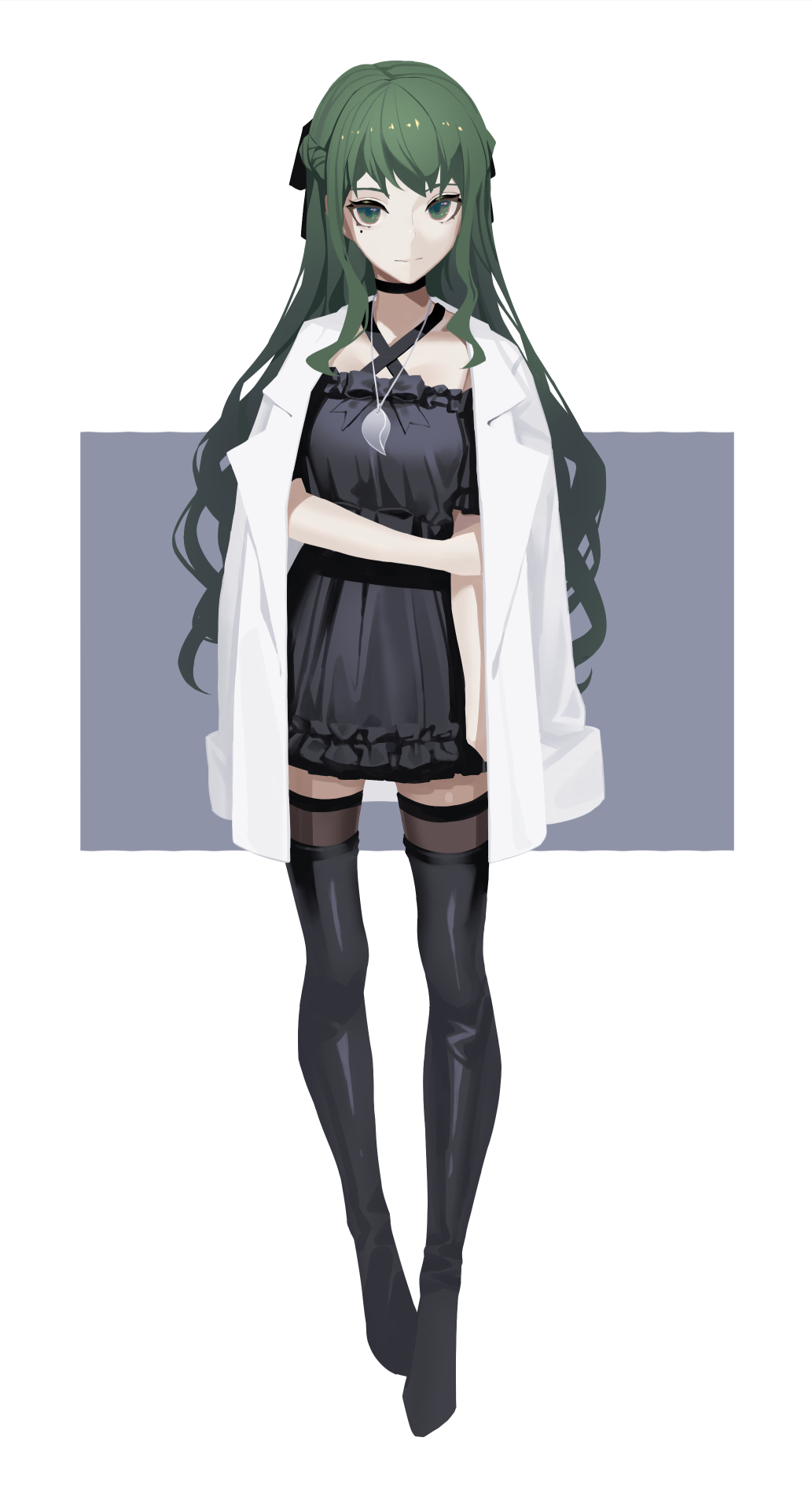 1girl bangs black_choker black_dress black_footwear black_legwear boots bow choker dress green_eyes green_hair highres jacket jacket_on_shoulders jewelry long_hair looking_at_viewer mole mole_under_eye necklace original simple_background smile thigh-highs thigh_boots tsuki-shigure white_jacket