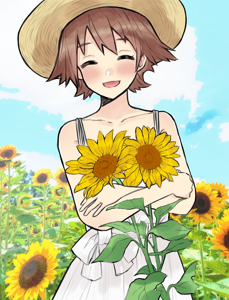 blush brown_hair closed_eyes dokuganryuu dress flower hat hiei_(kantai_collection) highres holding holding_flower kantai_collection photo_background smile sun_hat sundress sunflower