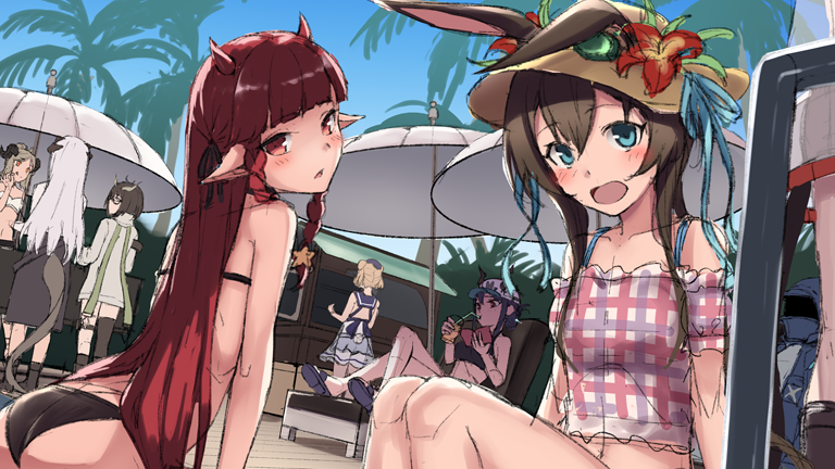 6+girls :d :q amiya_(arknights) animal animal_ears arknights ass back bangs baseball_cap bikini bird black_bikini blonde_hair blue_eyes blunt_bangs blush boots breasts brown_hair ch'en_(arknights) commentary cup doctor_(arknights) drinking drinking_glass eyebrows_visible_through_hair flower food gummy_(arknights) hair_between_eyes hat horns ice_cream ifrit_(arknights) long_hair multiple_girls navel open_mouth palm_tree parasol pointy_ears rabbit_ears rose ryuinu sailor_collar sandals saria_(arknights) see-through silence_(arknights) single_thighhigh sitting skirt smile straw_hat sweatdrop swimsuit tail thigh-highs tongue tongue_out tree umbrella vigna_(arknights) work_in_progress